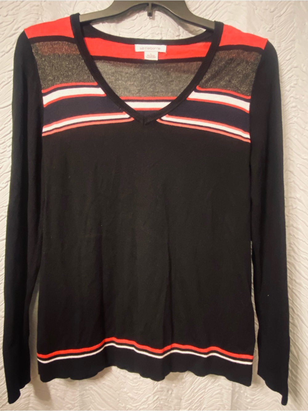 Liz Claiborne Black Top with Red and White Stripe Details